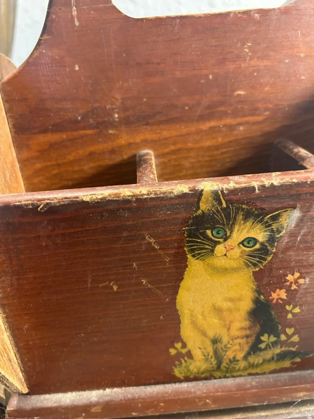 Vintage-Style Brown Wooden Cat Caddy with Yellow Kitten Decals Cute Core